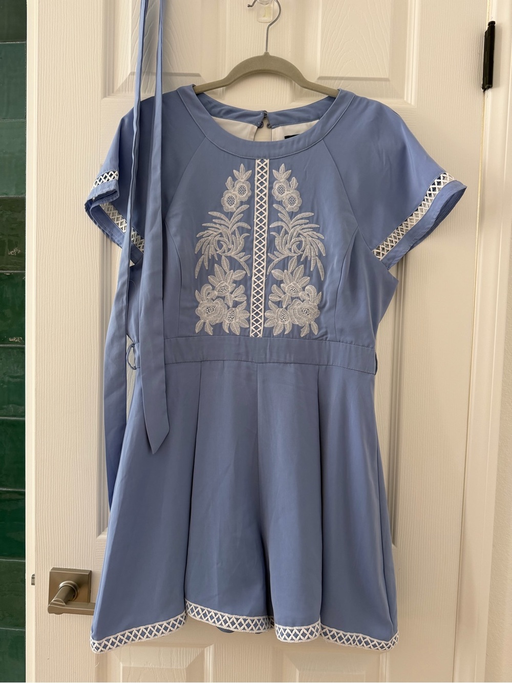Dotti Powder Blue Embroidered Short-Sleeve Romper with Sash